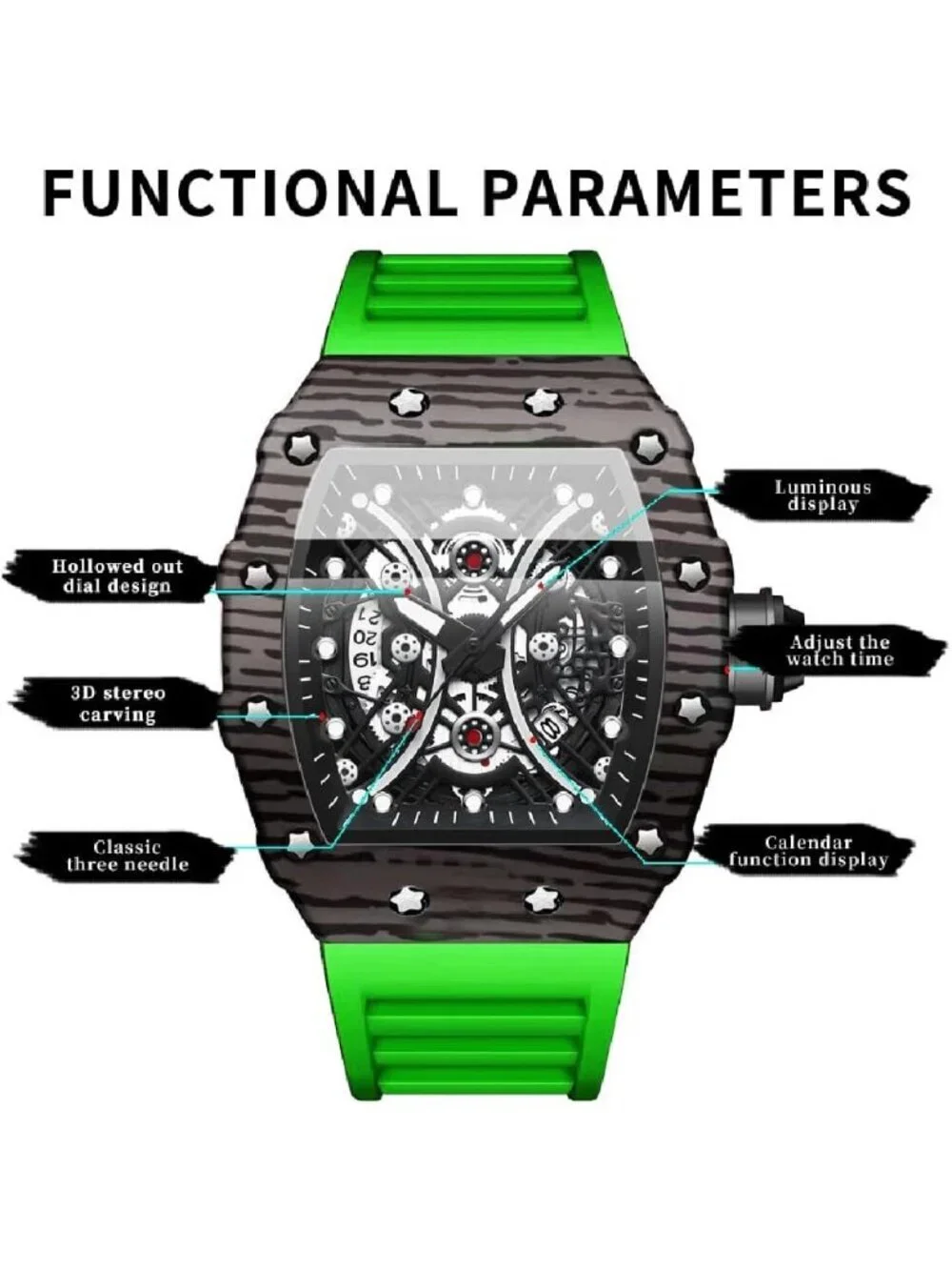 Men's Green And Black Analog Silicone Strap Barrel-Shaped Skeleton Luxury Watch
